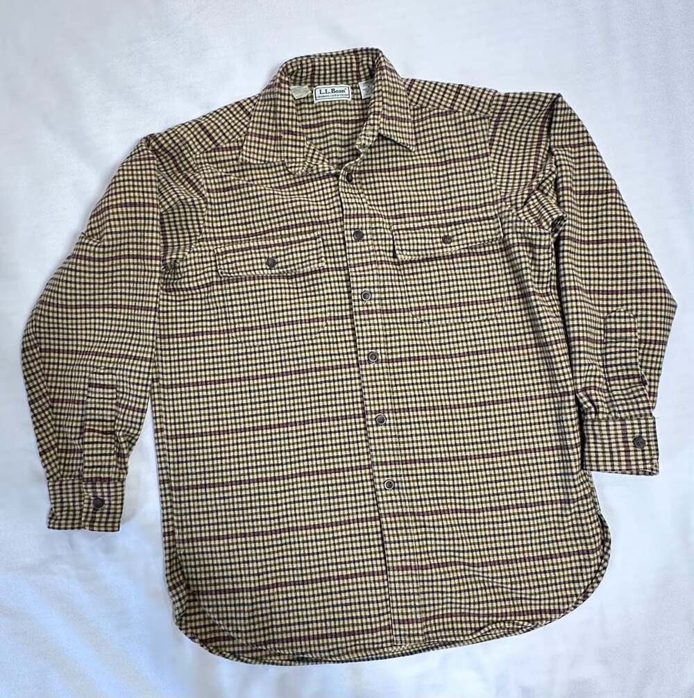 LL Bean Chamois Cloth Shirt Mens Medium Tan Check Plaid Button Up Cotton